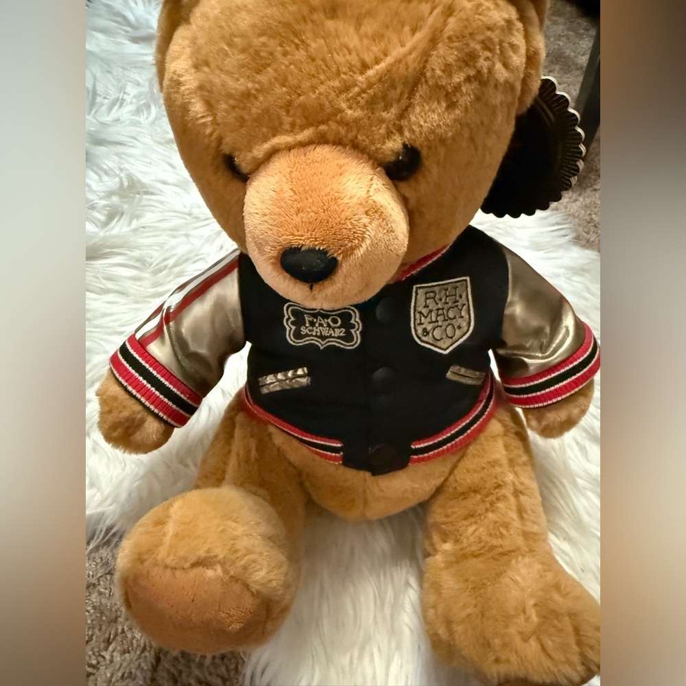 FAO Schwarz Toy Plush Anniversary Bear‎ 12inch with Aviation Jacket